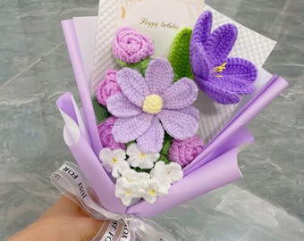 Bouquet di tulipani viola all'uncinetto, fiori di tulipani rosa finiti, regalo di compleanno, pronta guarigione, anniversario per fidanzata, madre, moglie, papà