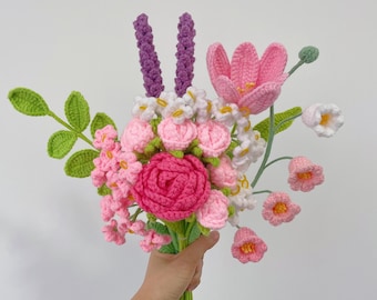 Crochet Pink Rose Flowers Bouquet,Knit Tulip Rose Sunflower Lily Flowers,Congratulations,Birthday, Anniversary Gifts for Classmate,Teacher