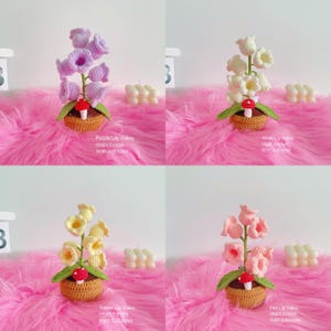 May include: Four crochet lily valley arrangements in purple, white, yellow, and pink. Each arrangement is in a small brown basket with a red and white mushroom. The text on the image says each arrangement is 6 inches tall and 2.25 inches wide.