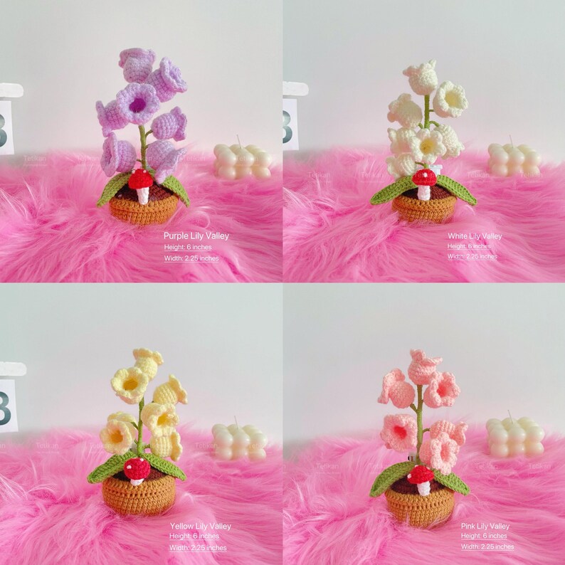 May include: Four crochet lily valley arrangements in purple, white, yellow, and pink. Each arrangement is in a small brown basket with a red and white mushroom. The text on the image says each arrangement is 6 inches tall and 2.25 inches wide.