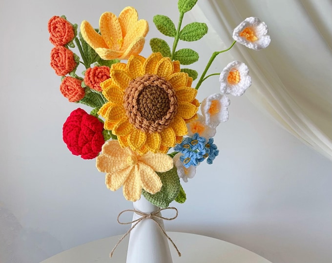Crochet Sunflower Bouquet,Knit Tulip,Lily,Rose,Gesang,forget-me-not Flowers Bouquet,Birthday,Anniversary Gifts For Wife,Graduation Gifts