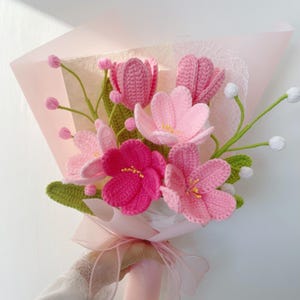 Bouquet di tulipani blu all'uncinetto, bouquet di tulipani viola, rosa, arancioni e rossi, regali di anniversario, compleanno e congratulazioni per Pink Bouquet