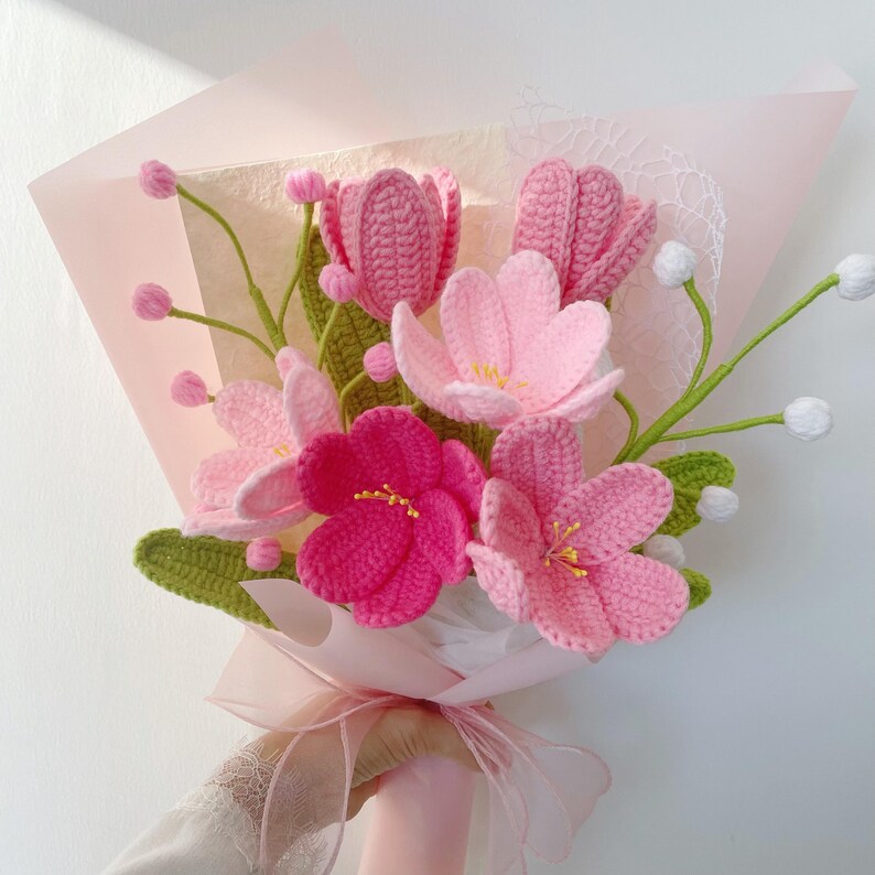 Bouquet di tulipani blu all'uncinetto, bouquet di tulipani viola, rosa, arancioni e rossi, regali di anniversario, compleanno e congratulazioni per Pink Bouquet