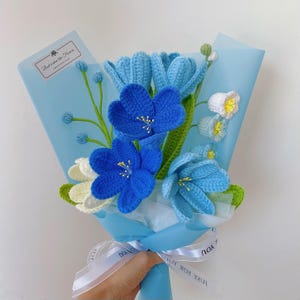 Crochet Tulip Flowers Bouquet: Handmade Yarn Flowers, Birthday Gift,Gift-ready Blue mix bouquet