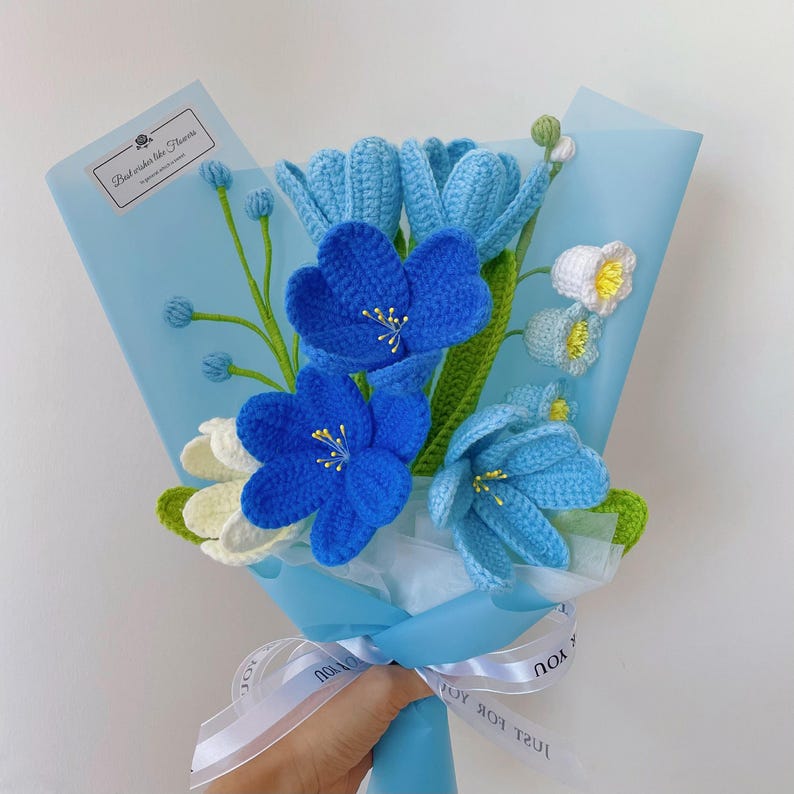 Crochet Tulip Flowers Bouquet: Handmade Yarn Flowers, Birthday Gift,Gift-ready Blue mix bouquet