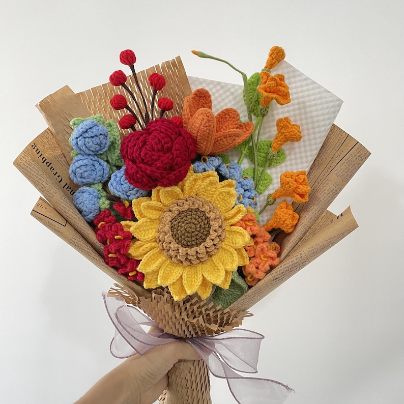 Crochet Sunflower Bouquet,Knit Tulip,Lily,Rose,Gesang,forget-me-not Flowers Bouquet,Birthday,Anniversary Gifts For Wife,Graduation Gifts G Sunflower Bouquet