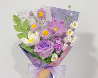 Crochet Purple Rose Bouquet,Knit Tulip,Forget-me-not,Lily of the Valley Flowers,Finished Crochet Bouquet,Anniversary,Birthday,Gifts For Her
