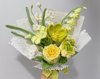 Ramo de rosas verdes de crochet, tulipán personalizado rosa, flores moradas, regalo de graduación, cumpleaños o aniversario para amiga, hermana, novia o mamá.