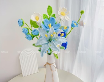 Crochet Lily Flower Bouquet,Handmade Flower,Rose,Tulip,Daisy,Forget-me-not,Lily of the valley Forever Flowers Bouquet,Room Decoration,Gift