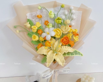 Crochet Lily Flower Bouquet,Handmade Knit Lily, Rose & Tulip,Daisy, Arrangement,Forever Flowers,Personalized Gifts,Room Desktop Decoration