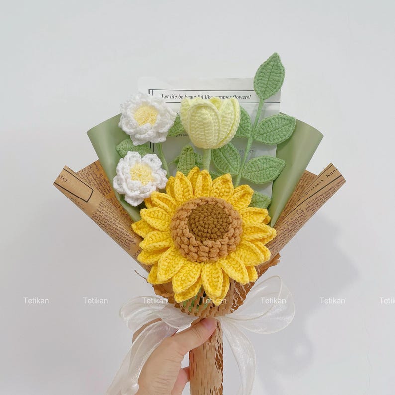 Crochet Sunflower Bouquet,Knit Tulip,Lily,Rose,Gesang,forget-me-not Flowers Bouquet,Birthday,Anniversary Gifts For Wife,Graduation Gifts I Sunflower Bouquet