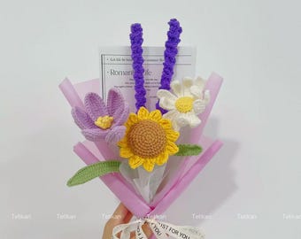 Crochet Sunflowers Bouquet,Knit Tulip,Lavender,Daisy,Puffs,Lily of the valley,Forget-me-nots Handmade Flower,Forever Flowers,Fake Bouquet