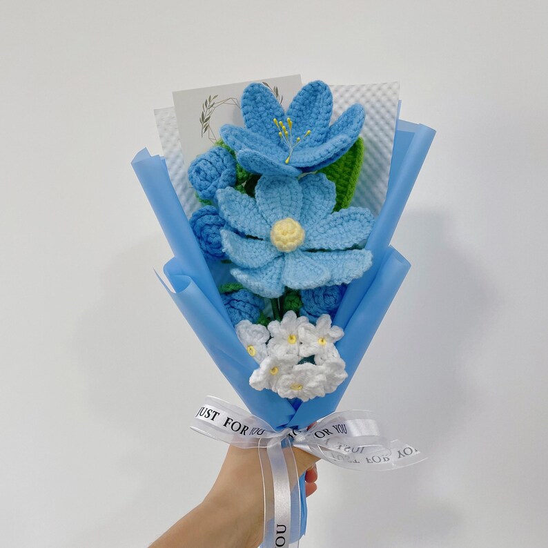 Crochet Tulip Flowers Bouquet: Handmade Yarn Flowers, Birthday Gift,Gift-ready Blue s bouquet