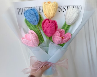 Crochet Color Tulip Flowers Bouquet,Fake Flowers,Housewarming,Gratitude, Friendship,Get well soon,Birthday Gifts for Teacher,Mom,Wife,Friend