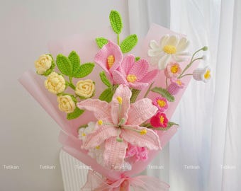 Crochet Pink Lily Flowers Bouquet,Knit Tulip,Lily,Rose,Gesang,forget-me-not Gardenia Bouquet,Birthday Gifts,Anniversary Gifts For Girlfriend