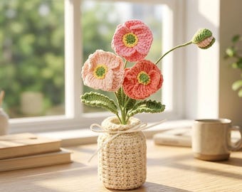 Crochet Flowers in Pot,Crochet Poppy in Pot,Pink,Red,Orange or Blue,Birthday,Anniversary,Congratulations Cute Gift for Her,Girlfriend