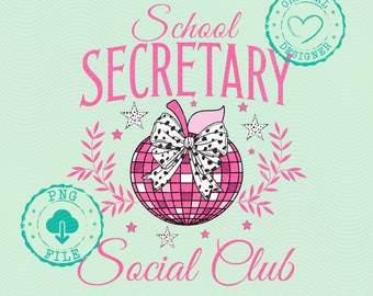 School Secretary Social Club PNG, Coquette Bow Disco Design, Digital Download, 70s Inspired School Art, Groovy Printable Decor, PNG