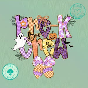 May include: A Halloween-themed graphic with the words "Boo Crew" in a variety of patterns and colors. The design includes a ghost, pumpkin, bats, and spiderwebs. The letters are in purple, orange, and yellow with floral, leopard, and checkered patterns.