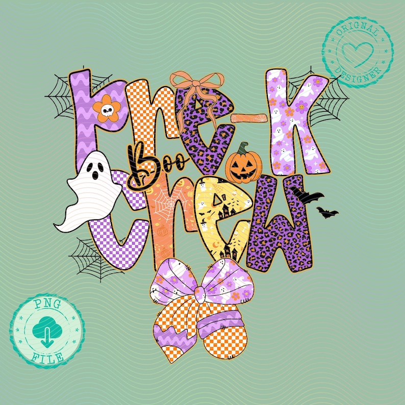 May include: A Halloween-themed graphic with the words "Boo Crew" in a variety of patterns and colors. The design includes a ghost, pumpkin, bats, and spiderwebs. The letters are in purple, orange, and yellow with floral, leopard, and checkered patterns.