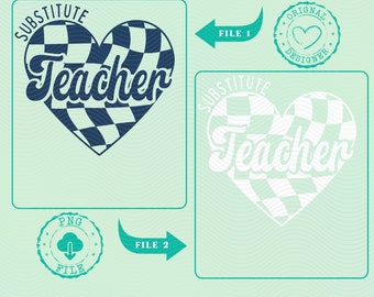 Retro Substitute Teacher Design PNG, Cute Heart Typography Printable, Digital Download, Groovy 70s Style PNG, Teacher PNG, School png,