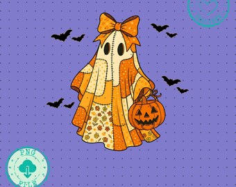 Patchwork Ghost Png Retro Halloween Png, Spooky Season Png, Coquette Ghost Png, Fall Coquette Png, Preppy Fall Png Halloween png Trendy png