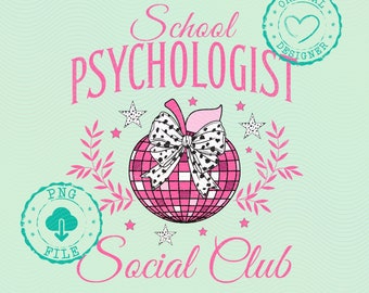 School Psychologist Social Club PNG, Coquette Bow Disco Design, Digital Download, 70s Inspired School Art, Groovy Printable Decor, PNG