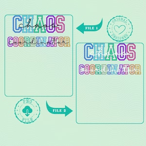 Pode incluir: Um design digital com o texto "CHAOS COORDINATOR" em uma fonte de estilo universitário. O texto é em tons de azul, verde, roxo, rosa e laranja. O design inclui uma opção de download de arquivo PNG e um selo "Original Designer".