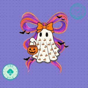 Pode incluir: Ilustração com tema de Halloween de um fantasma segurando um balde de jack-o'-lantern. O fantasma é branco com padrões de cereja e uma borda de renda preta. Um grande laço laranja e roxo está atrás do fantasma, com morcegos voando ao redor.