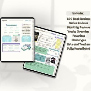 May include: Two digital tablets displaying a reading journal layout. The screens show a "Home" page with monthly reading trackers and a "Book Review" page. Text includes "600 Book Reviews," "Series Reviews," and "Fully Hyperlinked."