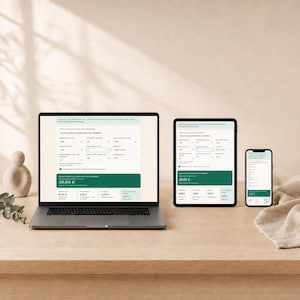 May include: A laptop, a tablet, and a smartphone displayed side-by-side, each showing an identical digital interface with input fields, numerical data, and a prominent green button labeled 30,03 € for calculating costs and pricing.