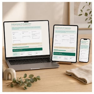 Könnte beinhalten: Ein Laptop, ein Tablet und ein Smartphone zeigen einen digitalen Verdienst-Rechner für Handgemachtes. Die Bildschirme enthalten Eingabefelder für Kosten und Preise sowie einen dunkelgrünen Button mit der Aufschrift Das Ziel passt in dein Set.