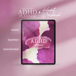 Peut inclure: Un planificateur numérique pour les personnes atteintes de TDAH, avec un fond aquarelle rose et blanc. Le texte "ADHD Planner" est en blanc sur un fond aquarelle rose. Le texte "All-in-One ADHD Planner + Habit Workbook" est en blanc sur un fond rose. Le texte "non daté, hyperlié, téléchargement instantané" est en blanc sur un fond rose.