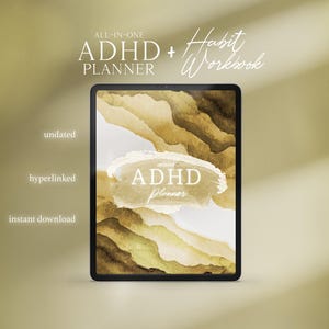 May include: A digital planner for people with ADHD. The cover features a watercolor design in shades of brown and gold. The text on the cover reads "ADHD Planner" and "Habit Workbook".