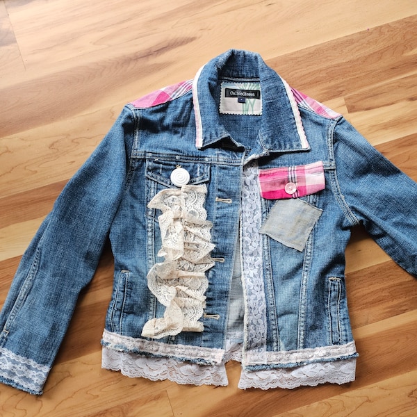 Upcycled ladies XS denim jean jacket handmade gift, vintage buttons, Shabby chic lacey distressed plaid festival clothing repurpose