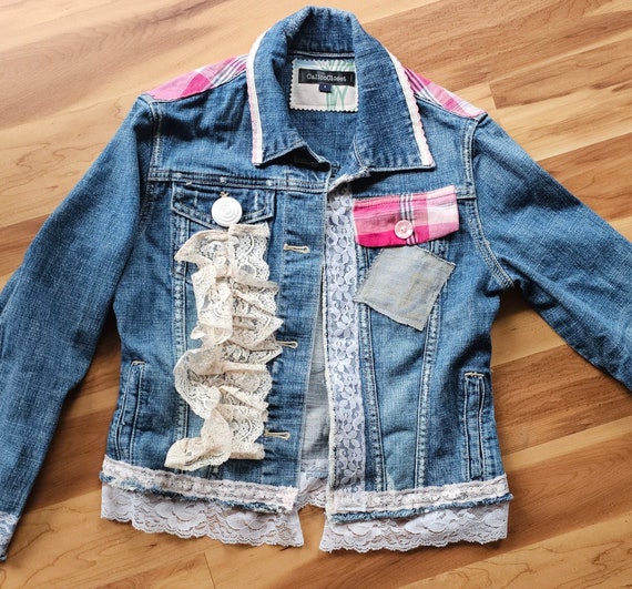Lacey Denim Jean Jacket SMALL Handmade Gift Vintage Buttons Shabby Chic Distressed Plaid Festival Embellished Gift Etsy