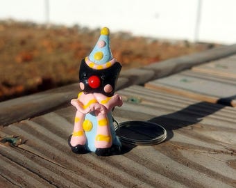 Handmade Polymer Clay Clown Cat Keychain: Whimsical Cat Lover Gift