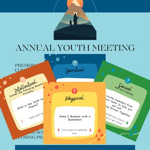 Puede incluir: Un cartel para una reunión anual de jóvenes, con el texto «WALK WITH ME» en la parte superior. Incluye tarjetas con indicaciones de actividades bajo los títulos «Intelectual», «Espiritual», «Físico» y «Social». El fondo es azul, con una escena de montaña.