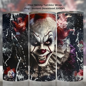 PennyWise Inspired 20oz Tumbler Wrap PNG, Pennywise Inspired Halloween Tumbler Wrap PNG, Halloween Scary Clown Wrap PNG