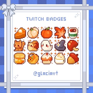 May include: A set of 16 pixel art Twitch badges featuring autumnal and Halloween themes. The badges include images of pumpkins, leaves, a ghost, a witch's hat, a mushroom, a cup of coffee, a pie, a cat, a squirrel, a cupcake, and an acorn. The text "TWITCH BADGES" and "@glaciavut" are also included in the image.