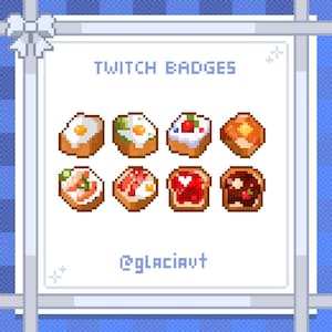 Könnte beinhalten: Ein Satz von acht Twitch-Badges mit Pixel-Art von verschiedenen Toastsorten. Die Badges sind in einem Rasterformat angeordnet und beinhalten einen Erdbeer-Sahne-Toast, einen Marmeladen-Toast, einen Buttertoast, einen Rührei-Toast, einen Garnelen-Toast, einen Früchte-Toast und zwei Avocado-Toast-Badges. Der Text "TWITCH BADGES" befindet sich oben im Bild und der Text "@glaciavut" unten im Bild.