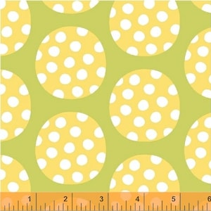 Könnte beinhalten: Ein nahtloses Muster aus gelben Kreisen mit weißen Punkten auf grünem Hintergrund.
