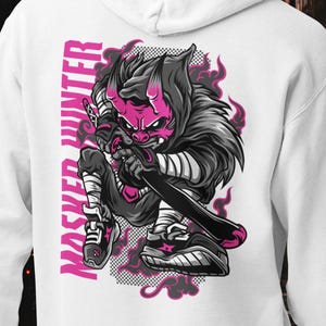 May include: A white hooded sweatshirt featuring a graphic on the back of a stylized character with a pink mask and horns, holding a long object. The text MASKED HUNTER is printed vertically in pink next to the character, surrounded by dark flames.