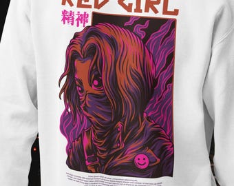 May include: A white hooded sweatshirt featuring a graphic print on the back. The design displays the text RED GIRL and Japanese characters above an illustration of a person with dark hair and a face covering, surrounded by purple flames and a pink smiley face.