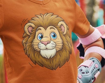 May include: A young person wearing a bright orange t-shirt with a cartoon lion face graphic. The person is wearing pink and gray elbow pads and is making a peace sign with their hand.