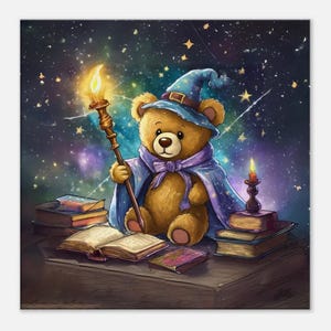 May include: A teddy bear wearing a purple and blue wizard hat and robe sits at a wooden table with a stack of books, a lit candle, and a magic wand. The background is a starry night sky.