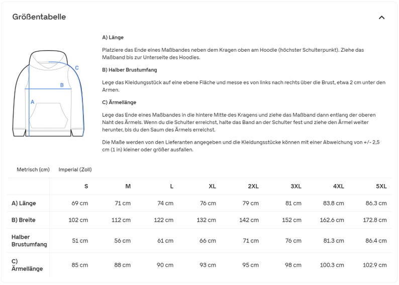 May include: A size chart for a hoodie featuring a line drawing of the garment with labels A, B, and C indicating length, half chest width, and sleeve length. The table provides measurements in centimeters and inches for sizes S through 5XL.