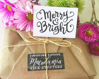 FREE SHIPPING Mindful Christmas Party Host Gift, Cozy Eco Friendly Hostess Gifts, Handmade Natural Fire Starters with Merry & Bright Card