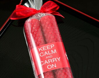 Keep Calm and Carry On Candles Red Beeswax Tapers Dinner Taper Candles 8 Inch Pair Hostess Gift Red and White Candle Gift Handmade Decor UK