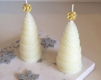 Modern Farmhouse Christmas Candles, Holiday Home Decor Christmas Tree Candles, 2 White and Gold Beeswax Candles, Winter December Trends