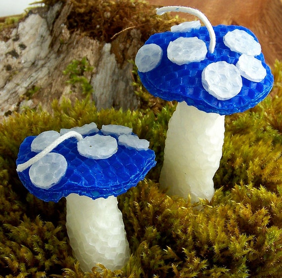 Mushroom Candles Pair Garden Woodland Wedding Party Favor Cake Topper  Whimsical Bride Shrooms Decor Candle Blue